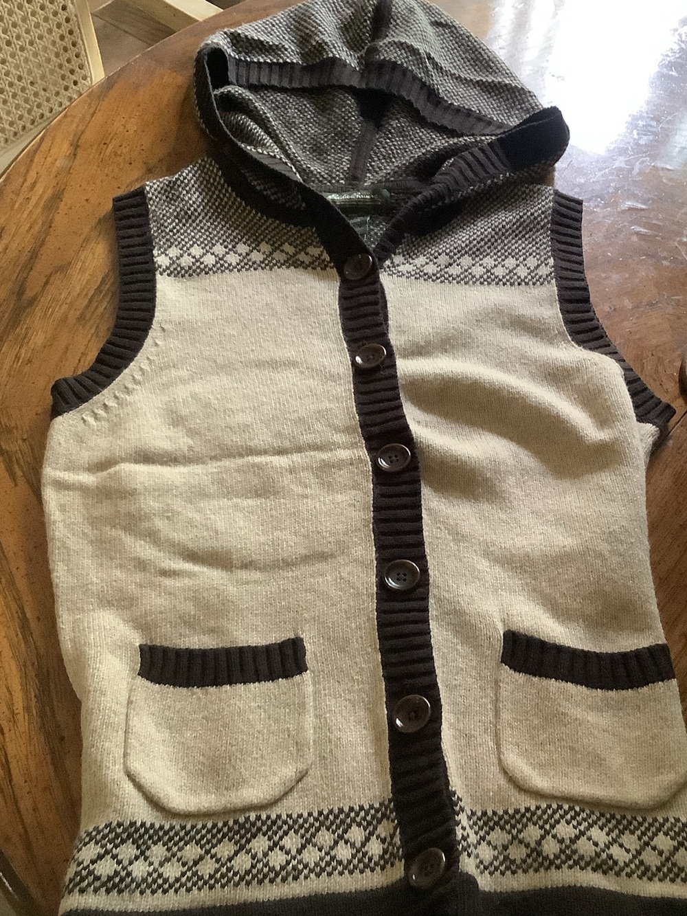 Eddie Bauer Cream & Brown Hooded Button-Front Sweater Vest